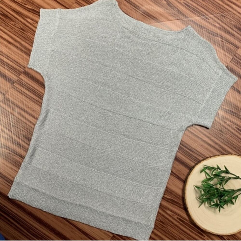 I.N.C. Gray and Metallic Silver Shimmer Sweater Top Short Sleeve Women's Medium